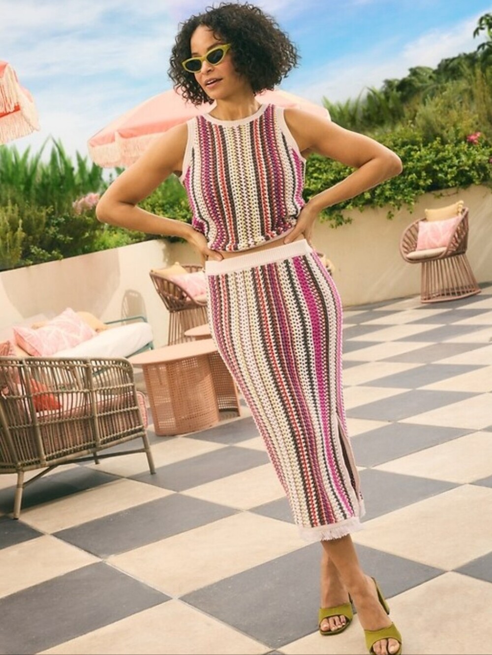 Striped Knit Sleeveless Top and Skirt Set - Pink, White & Black
